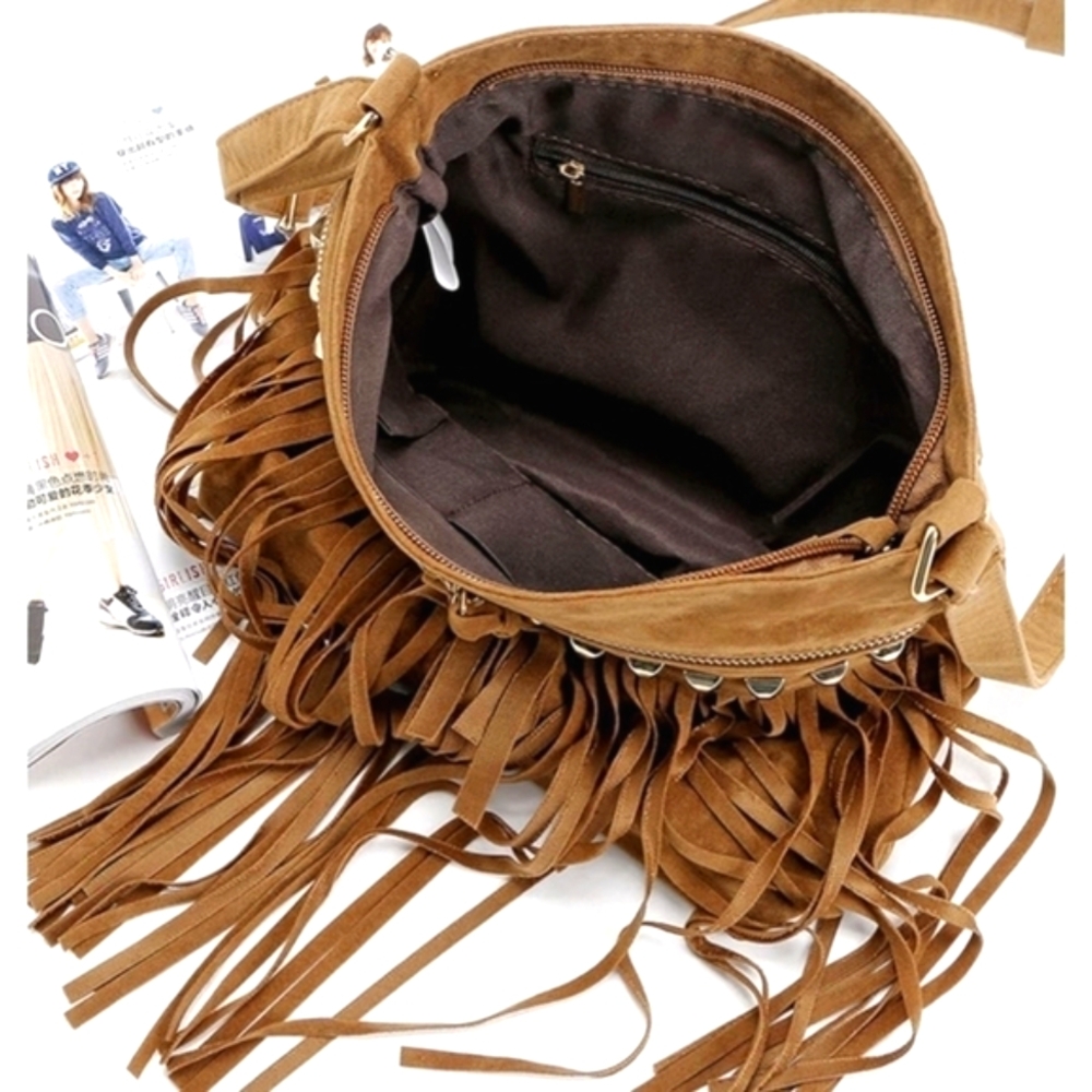 Brown Hippie Festival Purse Vintage 1970 Costume Tassel Studded 70s Style Purses - Picture 8 of 9